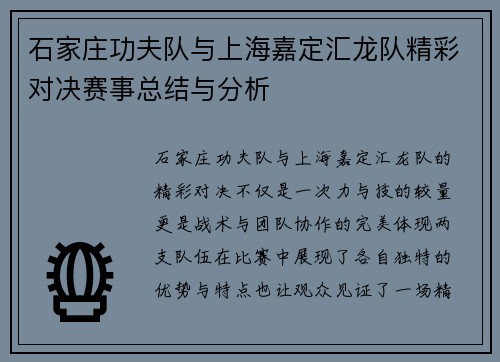 石家庄功夫队与上海嘉定汇龙队精彩对决赛事总结与分析